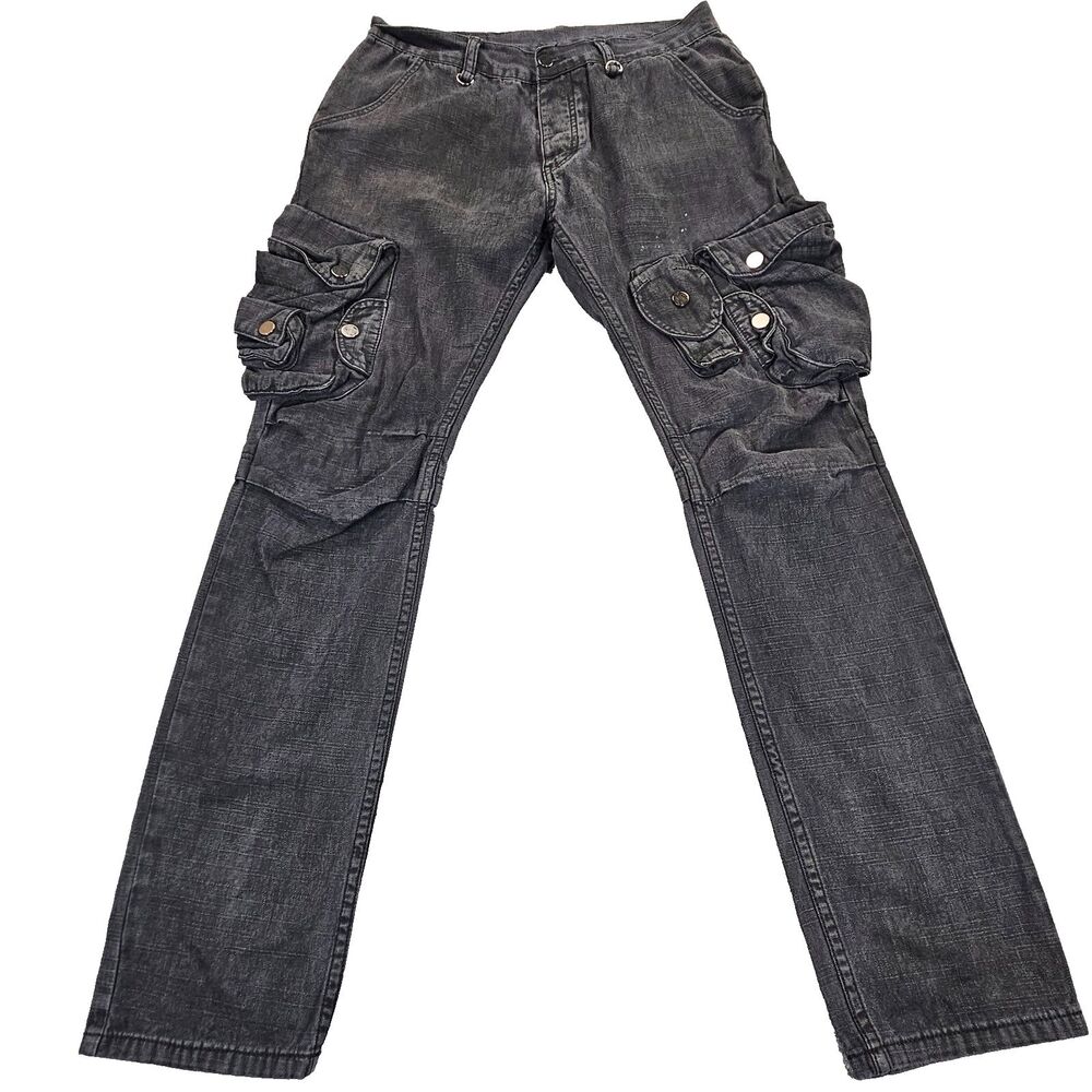 MNML Jeans Men 34 Black Cargo Slim Straight Low Rise Button Fly Denim Cotton